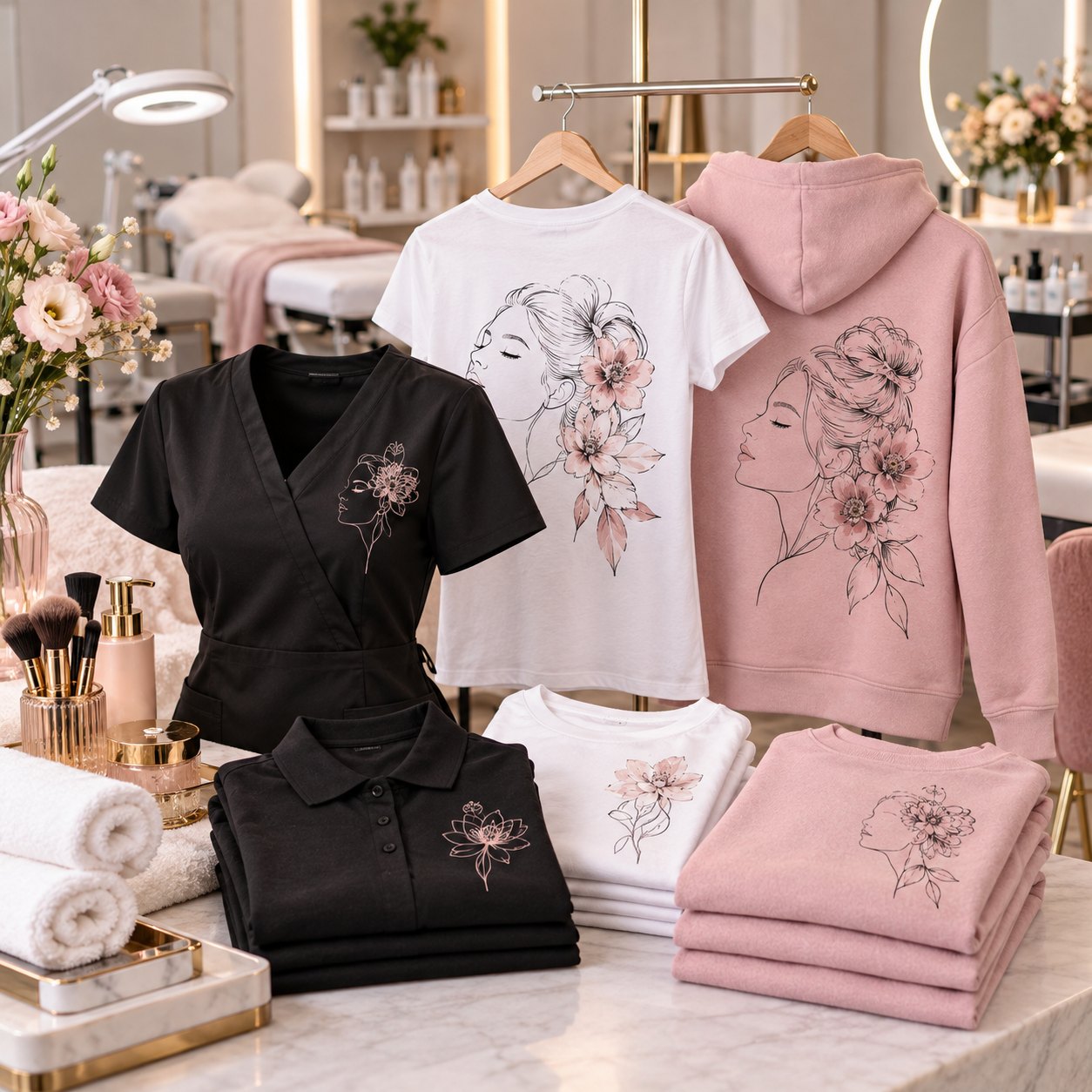 Przykładowa odzież beauty z subtelnymi nadrukami na tle salonu