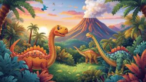 Fototapeta Dinozaury w Tropikalnej Dżungli z Wulkanem