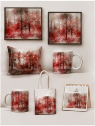 Fototapeta Crimson Forest – Czerwony Las we Mgle - mockup produktów