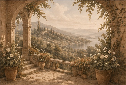 Panel szklany do kuchni Flower Terrace – Taras z Kwiatami