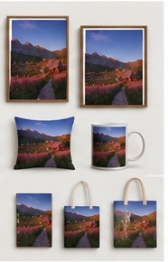 Fototapeta Górska Polana – Chatki wśród Kwiatów - mockup produktów