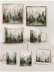 Fototapeta Misty Woods – Zielony Las we Mgle - mockup produktów