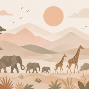 Fototapeta Safari – Rodzina Słoni i Żyrafy