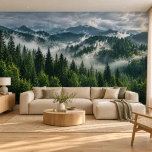 Fototapeta górski las we mgle w nowoczesnym salonie