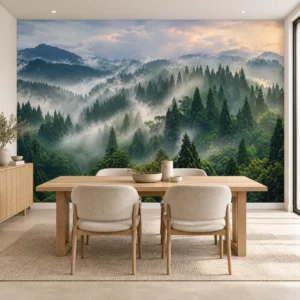 Fototapeta Panorama Lasu i Gór Panoramiczna fototapeta las i góry we mgle w jadalni