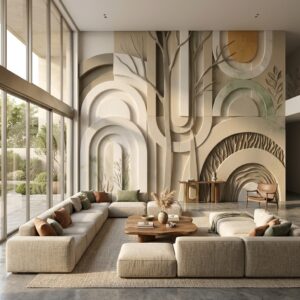 Fototapeta tłoczona 3D – Botaniczne łuki modern organic – wizualizacja w salonie
