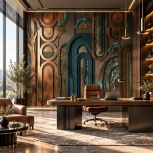 Fototapeta tłoczona 3D – Miedziane łuki Art Deco – wizualizacja w gabinecie