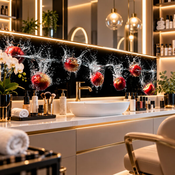 Czerwone jabłka na panelu szklanym w salonie beauty