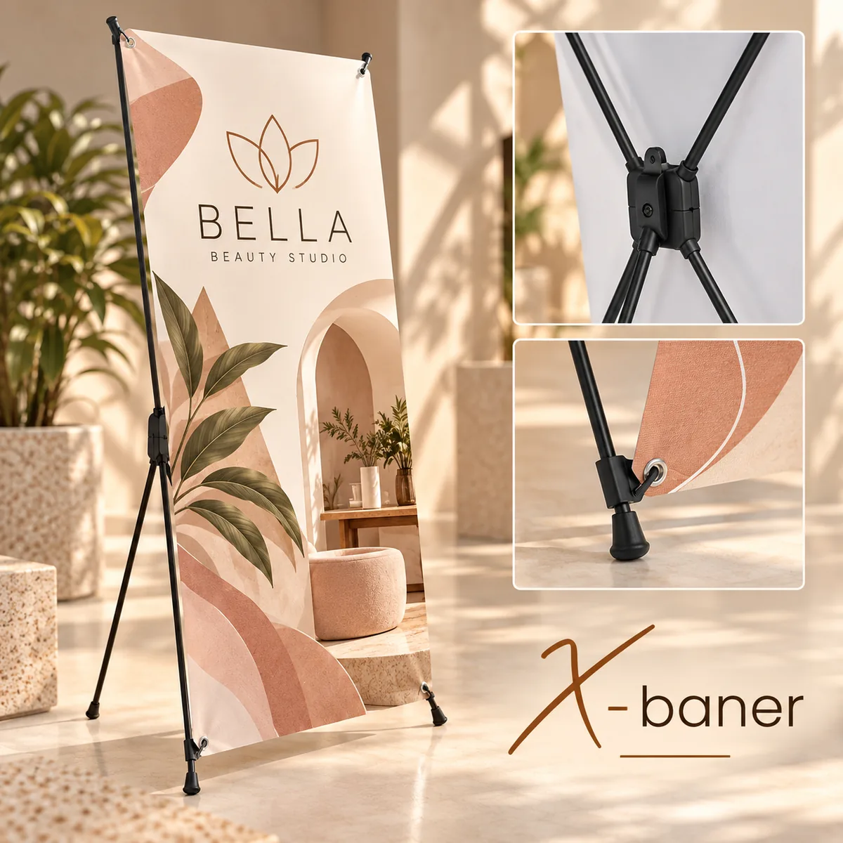X-baner reklamowy ze stelażem X-baner reklamowy ze stelażem X i nadrukiem